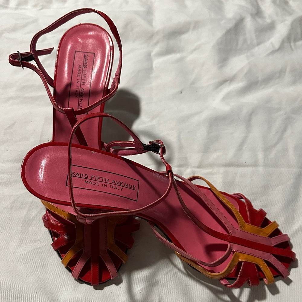 Saks Fifth Avenue Vintage Pink and Yellow Strappy Heels
